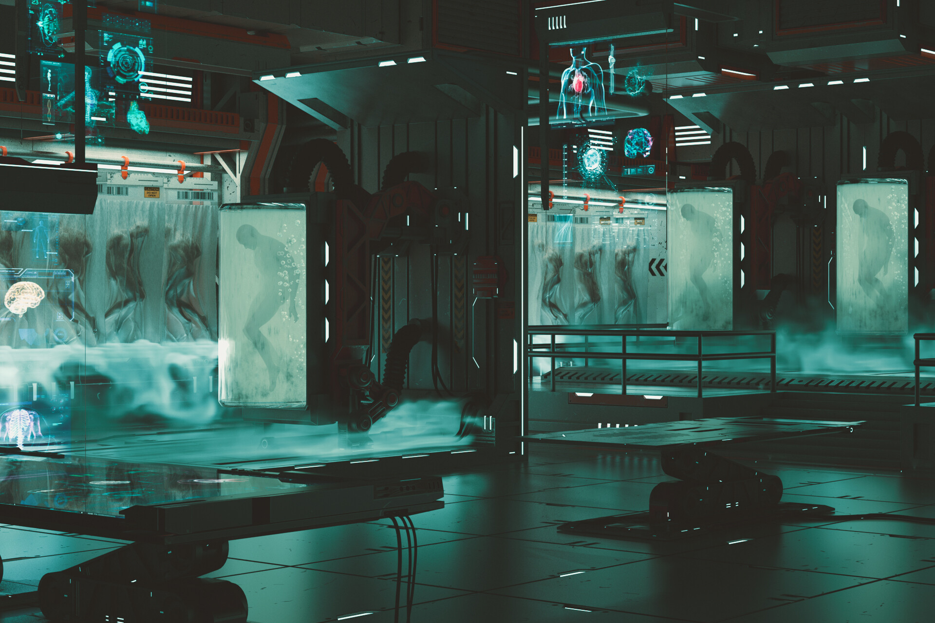 Dark underground facility with rows of glowing teal cryo-stasis tubes